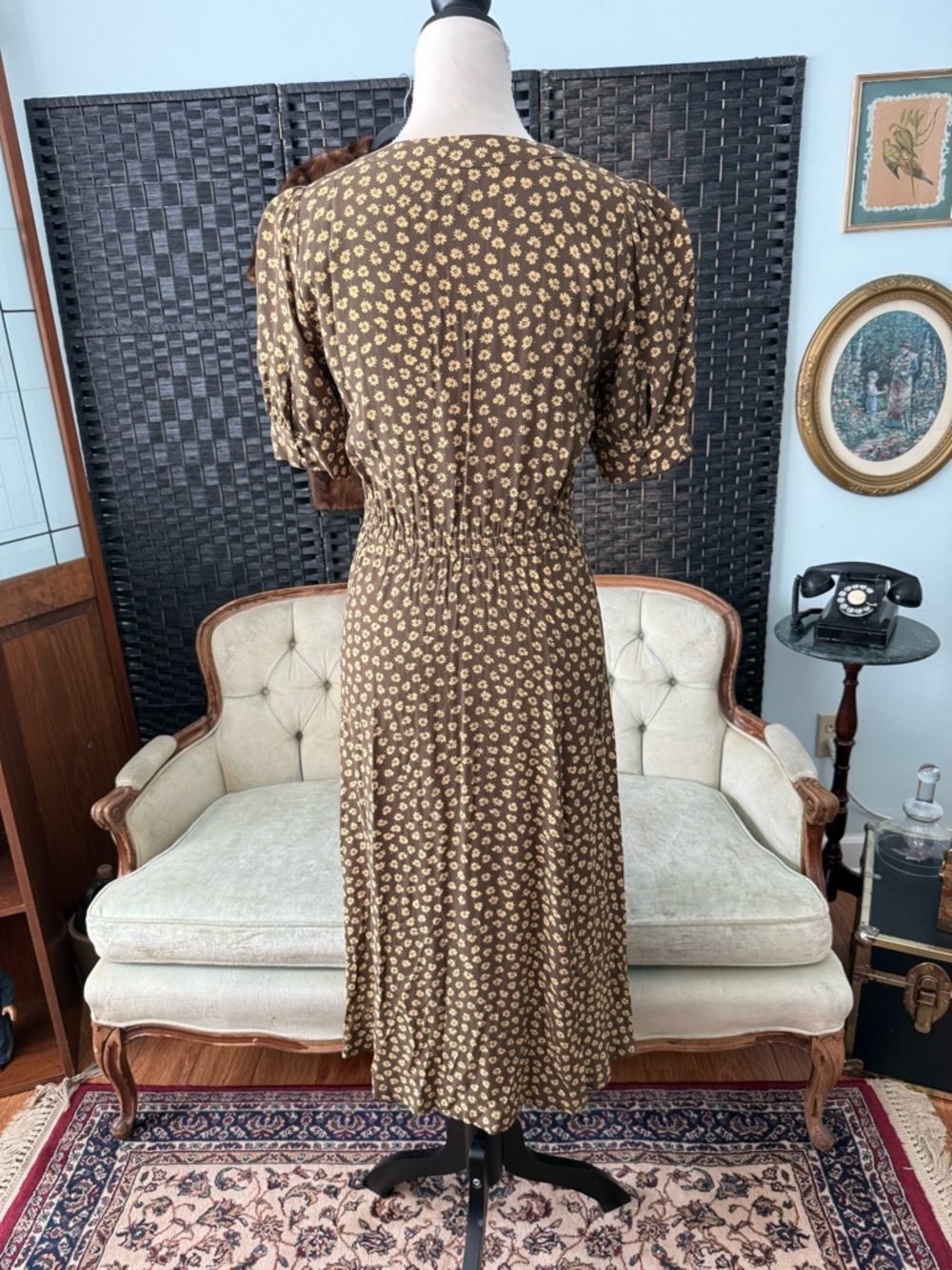 🌿 Madewell Floral Midi Dress Olive Green Yellow Button Front - Picture 5 of 11